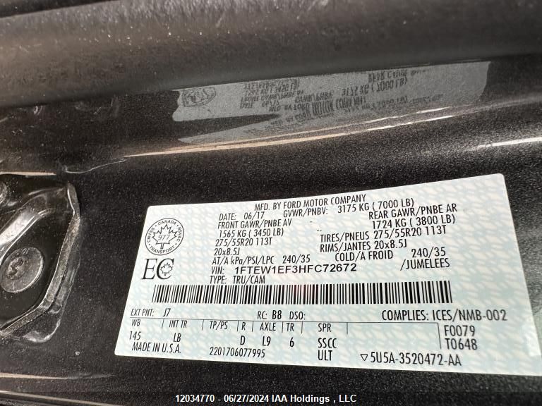 2017 Ford F150 Supercrew VIN: 1FTEW1EF3HFC72672 Lot: 12034770