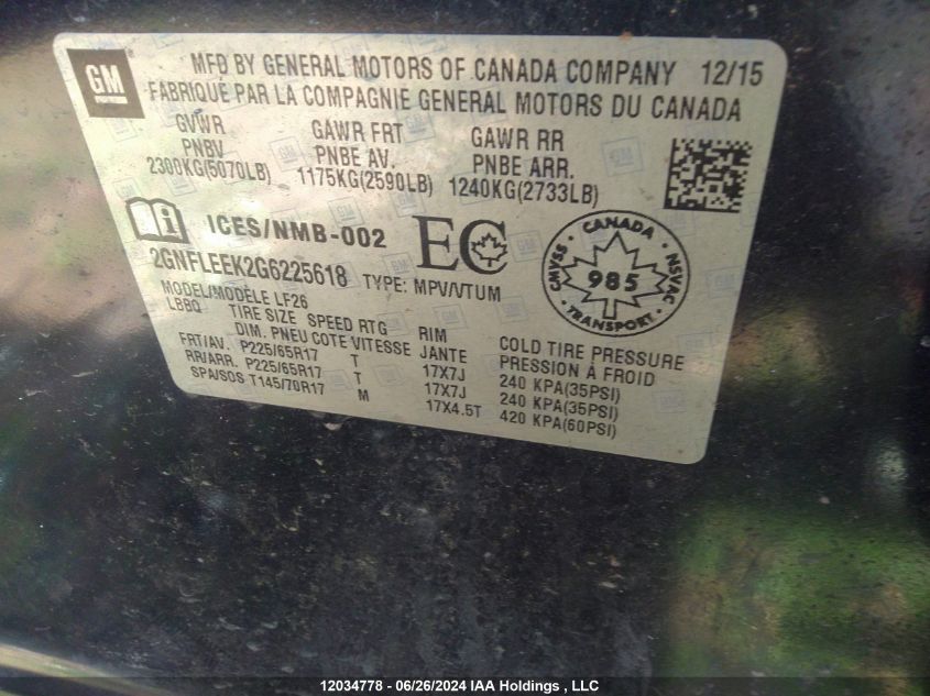 2016 Chevrolet Equinox VIN: 2GNFLEEK2G6225618 Lot: 12034778