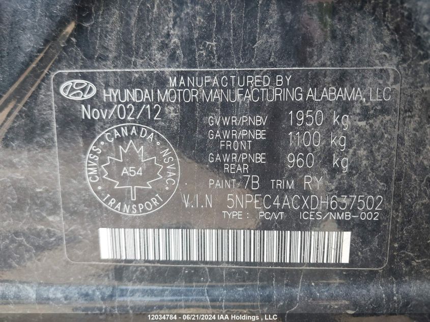 2013 Hyundai Sonata Se/Limited VIN: 5NPEC4ACXDH637502 Lot: 12034784