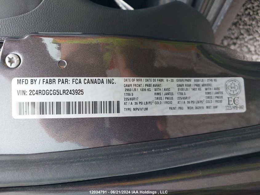 2020 Dodge Grand Caravan Sxt VIN: 2C4RDGCG5LR243925 Lot: 12034791