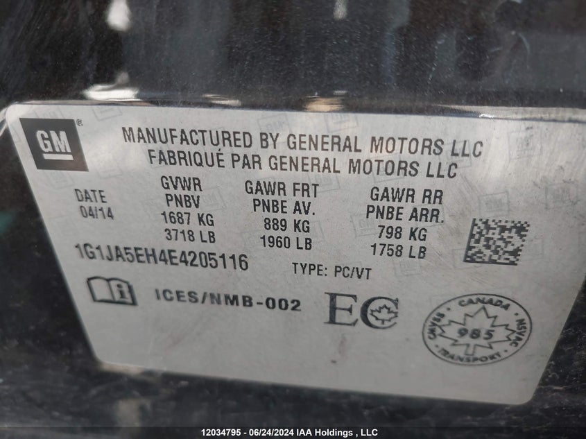 2014 Chevrolet Sonic VIN: 1G1JA5EH4E4205116 Lot: 12034795