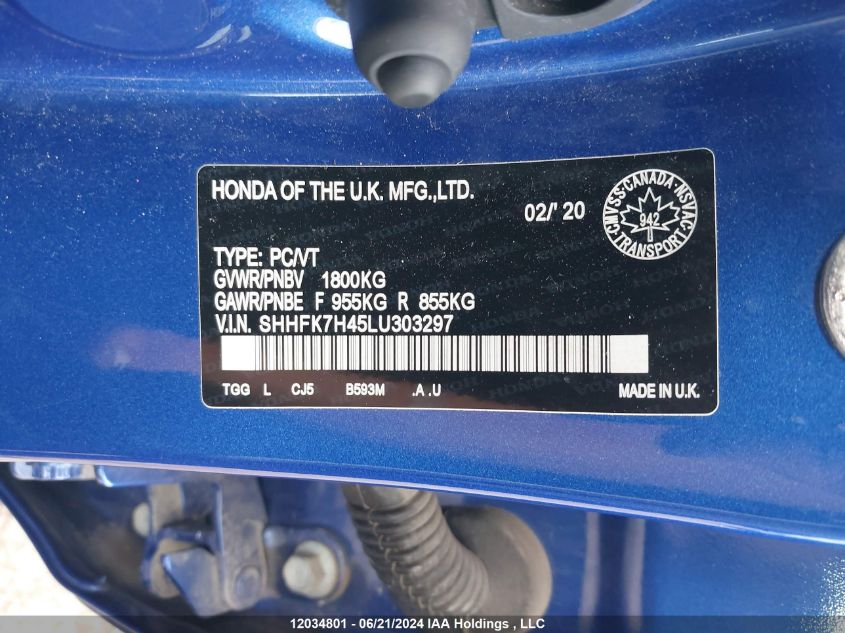 2020 Honda Civic Sport VIN: SHHFK7H45LU303297 Lot: 12034801