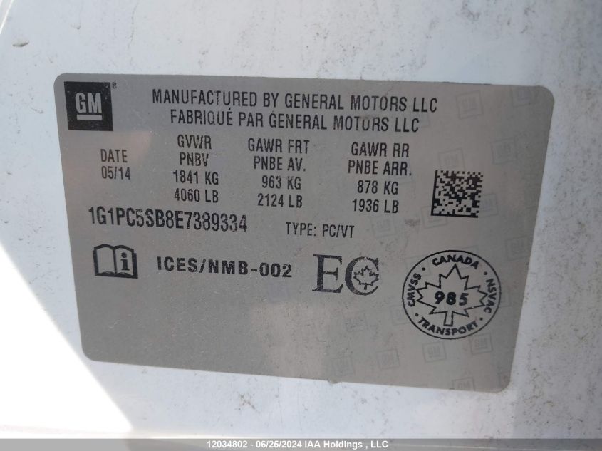 2014 Chevrolet Cruze VIN: 1G1PC5SB8E7389334 Lot: 12034802