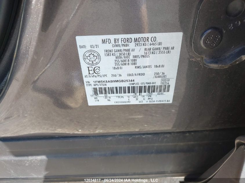 2021 Ford Explorer Police Interceptor VIN: 1FM5K8AB9MGB25344 Lot: 12034817