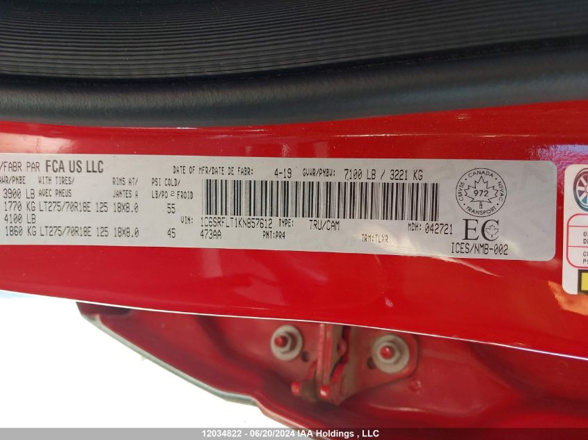 2019 Ram 1500 Rebel VIN: 1C6SRFLT1KN857612 Lot: 12034822