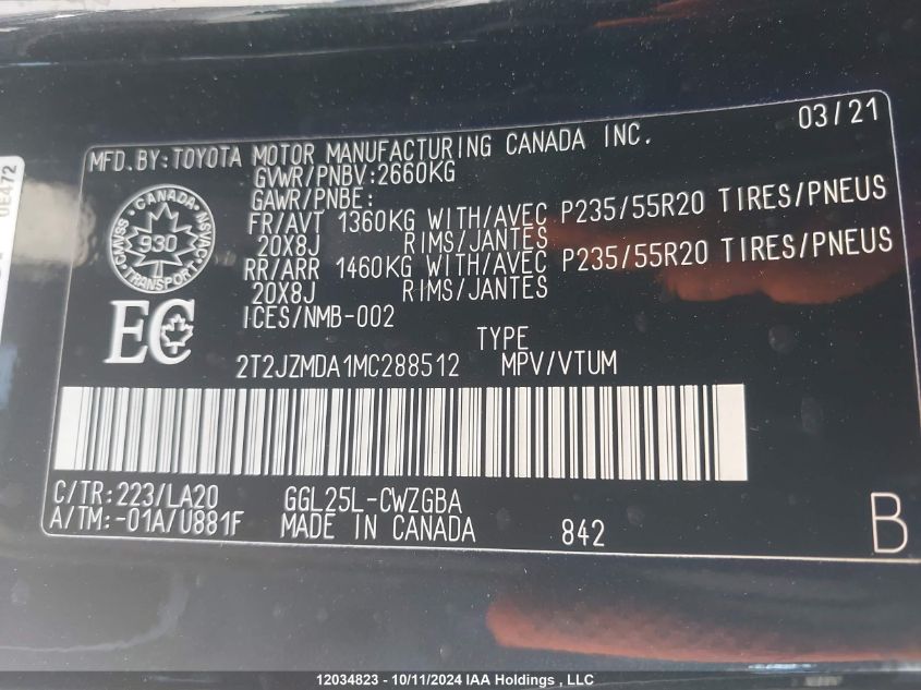 2021 Lexus Rx 350 VIN: 2T2JZMDA1MC288512 Lot: 12034823