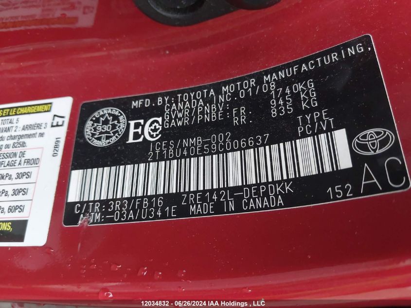 2009 Toyota Corolla Le VIN: 2T1BU40E59C006637 Lot: 12034832