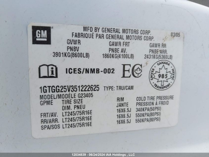 2005 GMC Savana VIN: 1GTGG25V351222625 Lot: 12034839