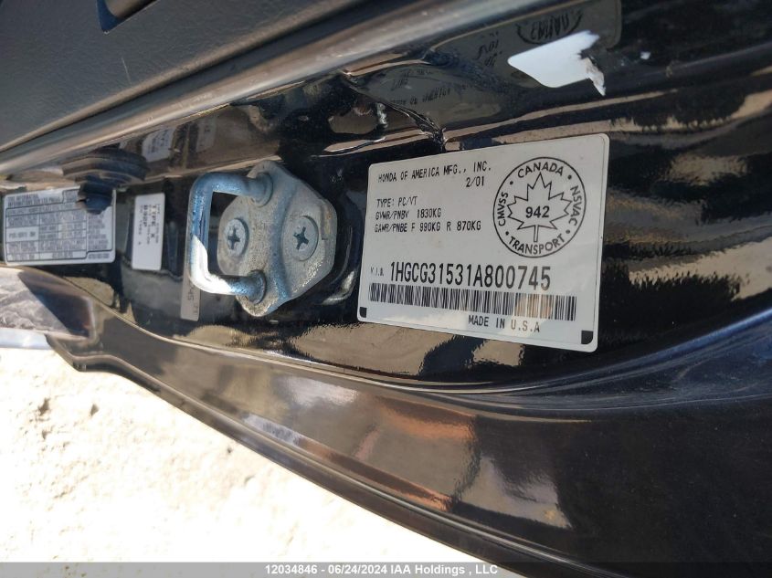 2001 Honda Accord Cpe VIN: 1HGCG31531A800745 Lot: 12034846