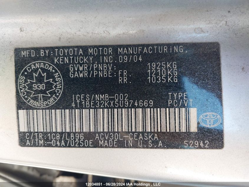 2005 Toyota Camry Le/Xle/Se VIN: 4T1BE32KX5U974669 Lot: 12034851