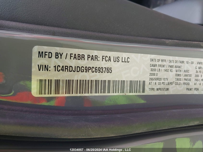 2023 Dodge Durango VIN: 1C4RDJDG9PC693765 Lot: 12034857