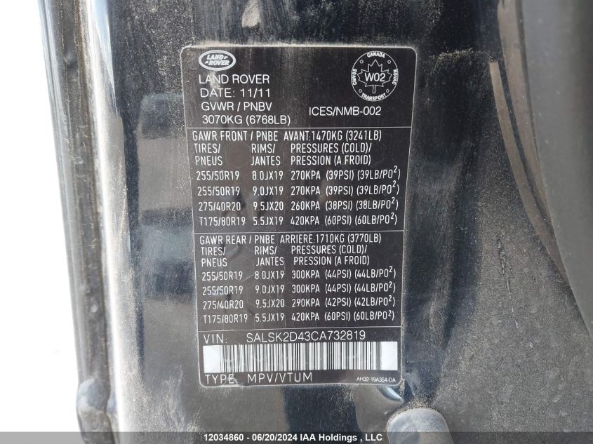2012 Land Rover Range Rover Sport VIN: SALSK2D43CA732819 Lot: 12034860