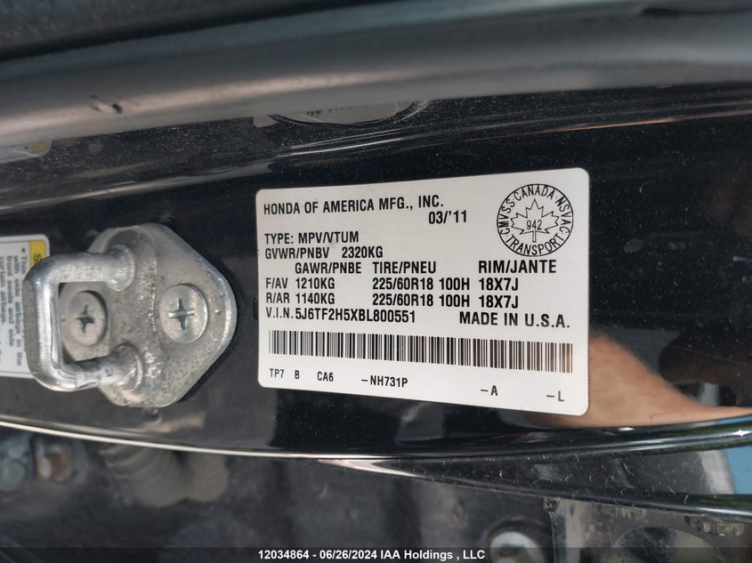 2011 Honda Accord Crosstour VIN: 5J6TF2H5XBL800551 Lot: 12034864
