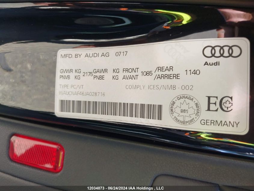 2018 Audi A4 Sedan VIN: WAUCNAF46JA028716 Lot: 12034873