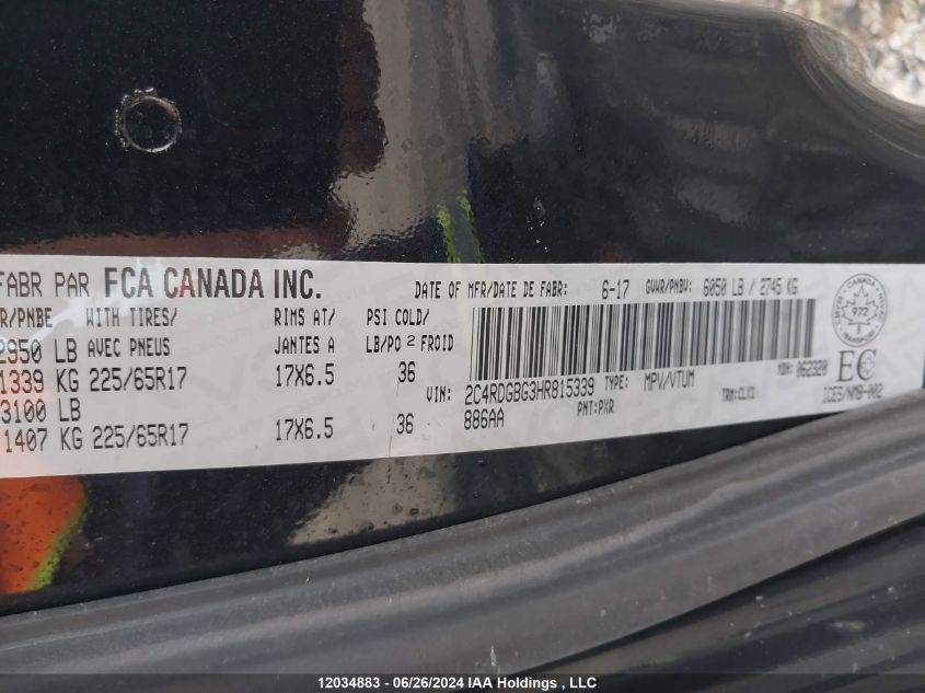 2017 Dodge Grand Caravan Cvp/Sxt VIN: 2C4RDGBG3HR815339 Lot: 12034883