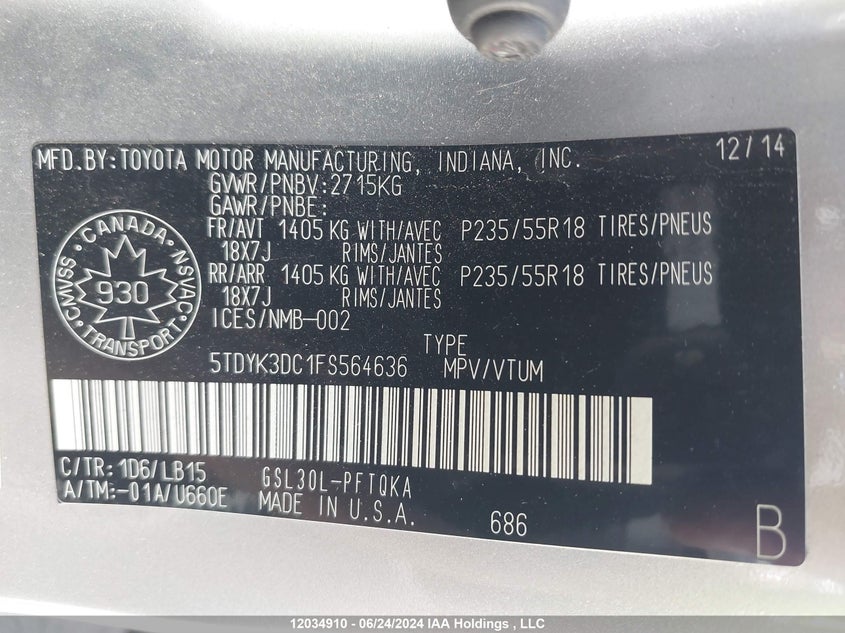 2015 Toyota Sienna Xle/Limited VIN: 5TDYK3DC1FS564636 Lot: 12034910