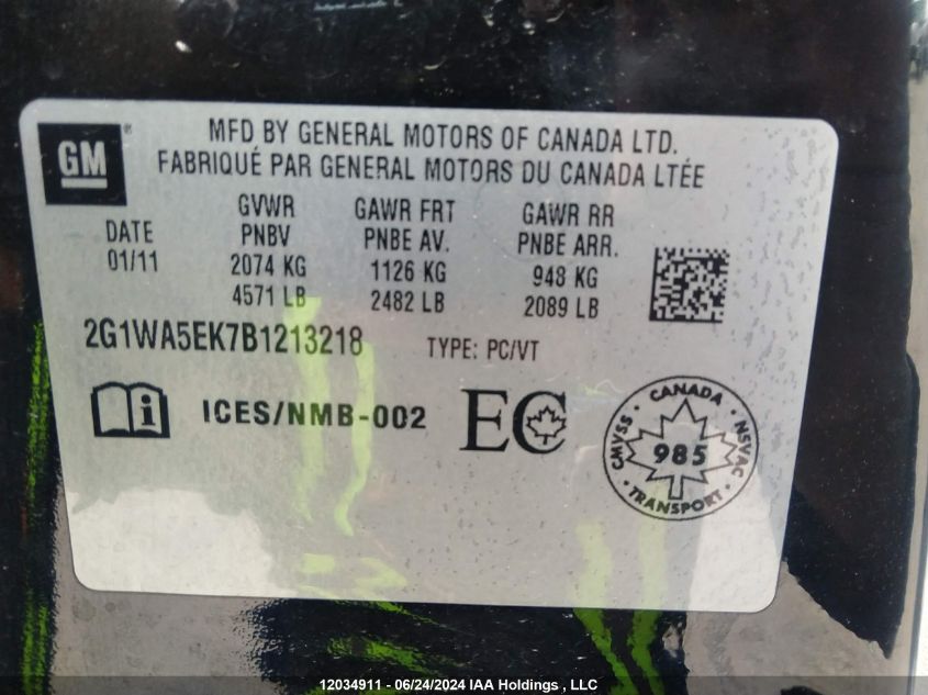 2011 Chevrolet Impala VIN: 2G1WA5EK7B1213218 Lot: 12034911