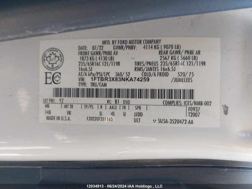 2022 Ford Transit T-250 VIN: 1FTBR3X83NKA74259 Lot: 12034913