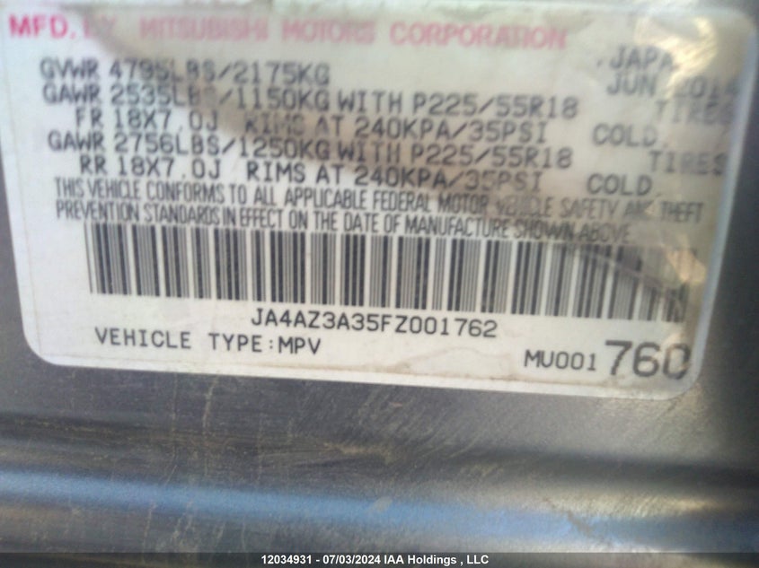 2015 Mitsubishi Outlander VIN: JA4AZ3A35FZ001762 Lot: 12034931