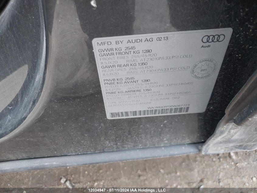 2013 Audi Q5 VIN: WA1MGCFP3DA067723 Lot: 12034947