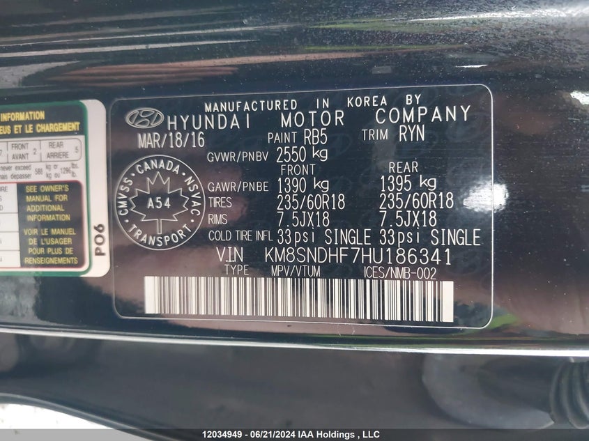 2017 Hyundai Santa Fe Se/Limited VIN: KM8SNDHF7HU186341 Lot: 12034949