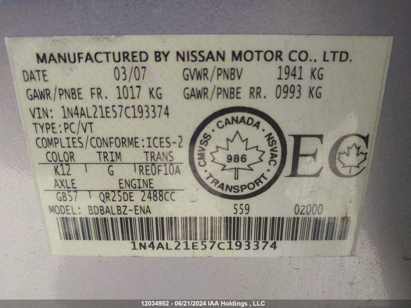 2007 Nissan Altima 2.5/2.5S VIN: 1N4AL21E57C193374 Lot: 12034952