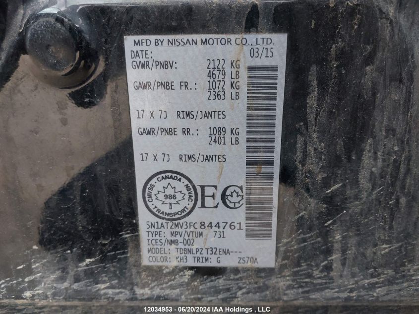 2015 Nissan Rogue VIN: 5N1AT2MV3FC844761 Lot: 12034953