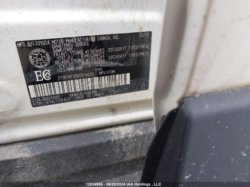 2019 Toyota Rav4 Le VIN: 2T3B1RFV5KC014635 Lot: 12034955