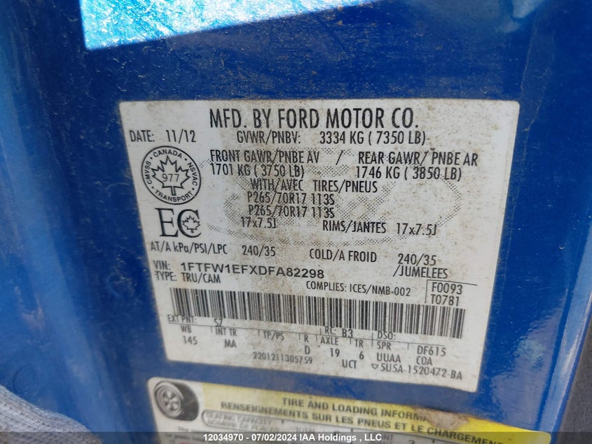 2013 Ford F-150 Xlt VIN: 1FTFW1EFXDFA82298 Lot: 12034970