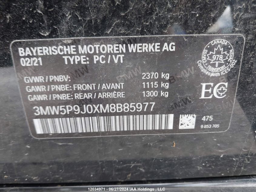 2021 BMW 3 Series VIN: 3MW5P9J0XM8B85977 Lot: 12034971