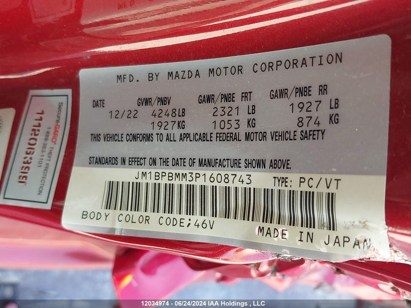 2023 Mazda Mazda3 VIN: JM1BPBMM3P1608743 Lot: 12034974