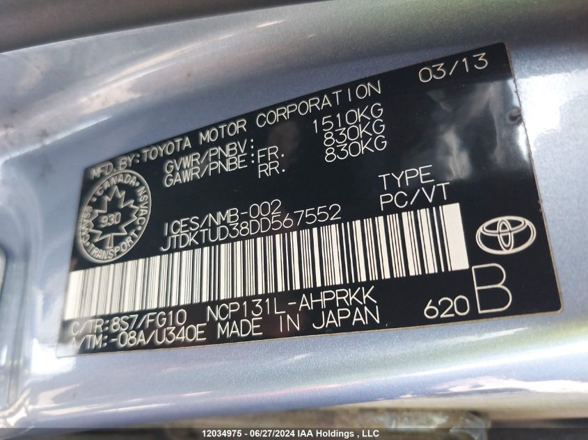 2013 Toyota Yaris Le VIN: JTDKTUD38DD567552 Lot: 12034975