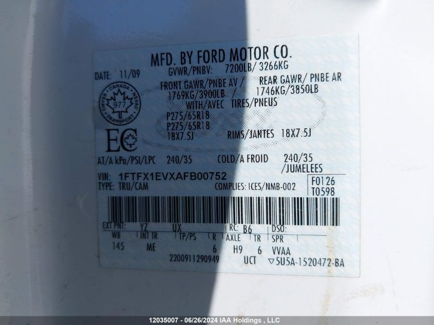 2010 Ford F-150 VIN: 1FTFX1EVXAFB00752 Lot: 12035007