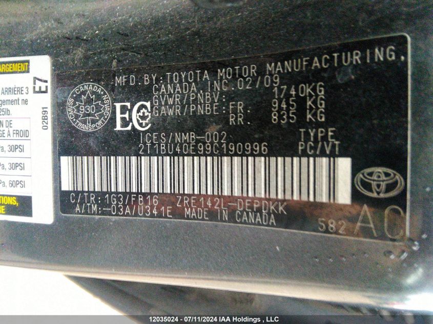 2009 Toyota Corolla S/Le/Xle VIN: 2T1BU40E99C190996 Lot: 12035024