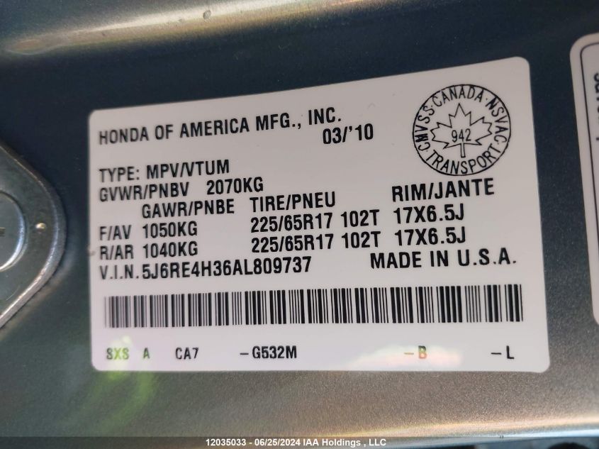 2010 Honda Cr-V VIN: 5J6RE4H36AL809737 Lot: 12035033