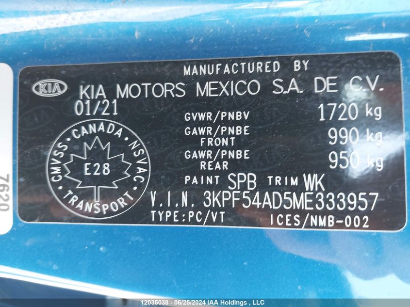 2021 Kia Forte VIN: 3KPF54AD5ME333957 Lot: 12035038