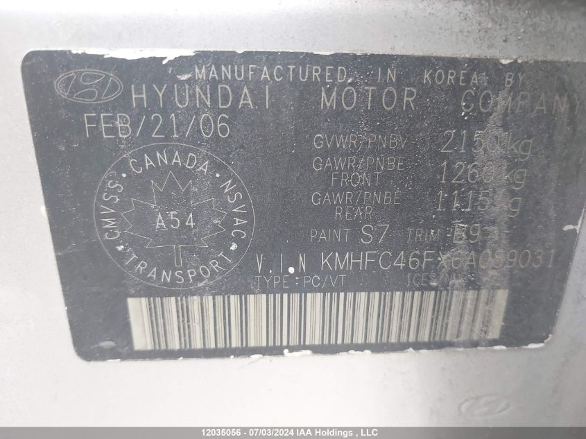 KMHFC46FX6A089031 2006 Hyundai Azera Se/Limited