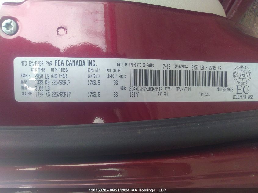 2018 Dodge Grand Caravan VIN: 2C4RDGBG7JR349517 Lot: 12035070