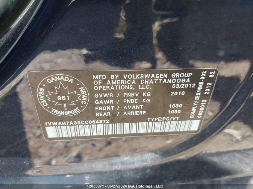 1VWAH7A33CC064872 2012 Volkswagen Passat