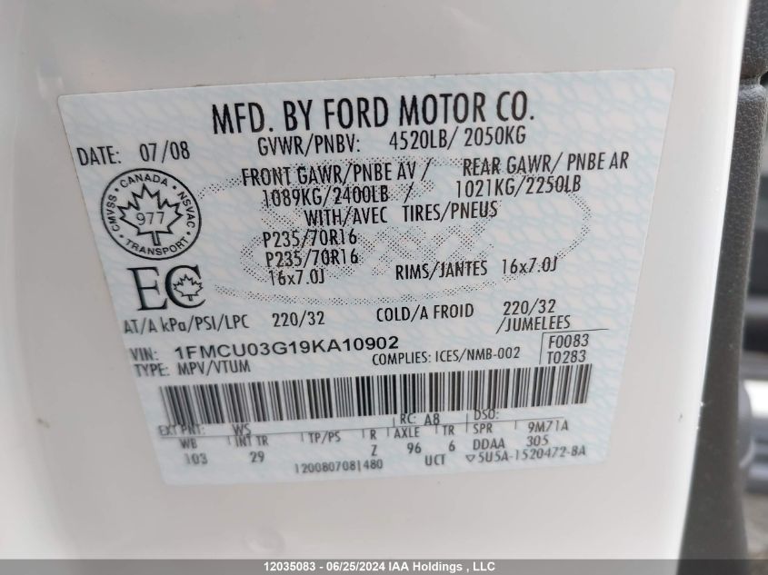 2009 Ford Escape VIN: 1FMCU03G19KA10902 Lot: 12035083