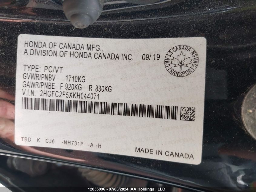 2019 Honda Civic Sedan VIN: 2HGFC2F5XKH044071 Lot: 12035096
