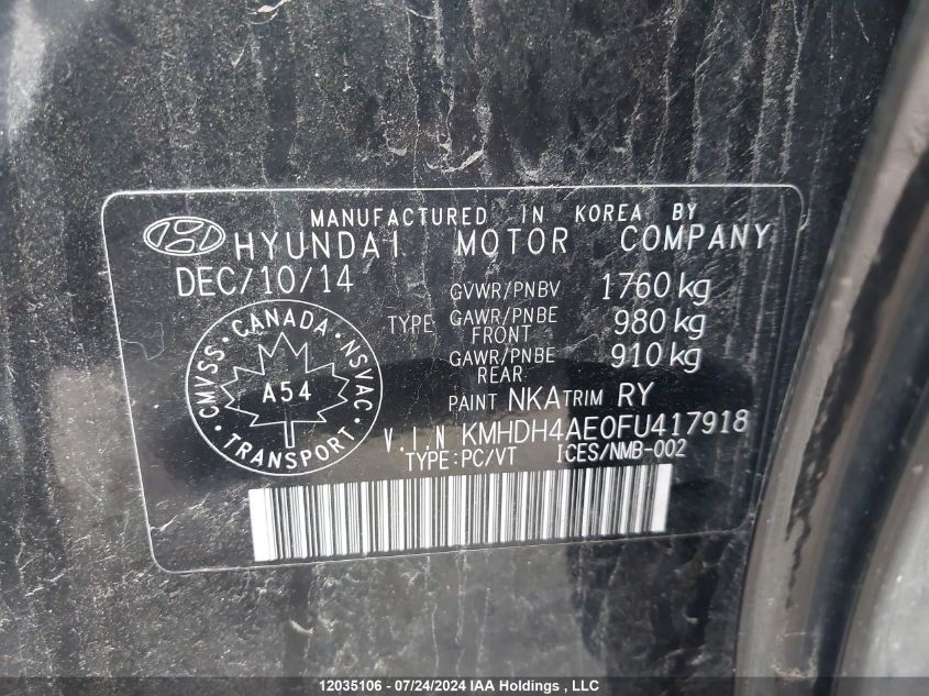 2015 Hyundai Elantra Se/Sport/Limited VIN: KMHDH4AE0FU417918 Lot: 12035106