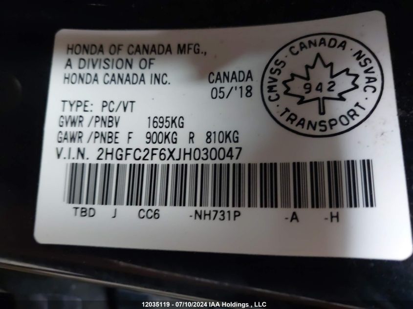 2018 Honda Civic Sedan VIN: 2HGFC2F6XJH030047 Lot: 12035119