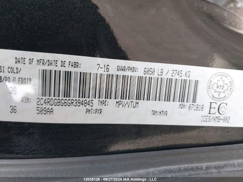 2016 Dodge Grand Caravan Se VIN: 2C4RDGBG6GR394845 Lot: 12035126