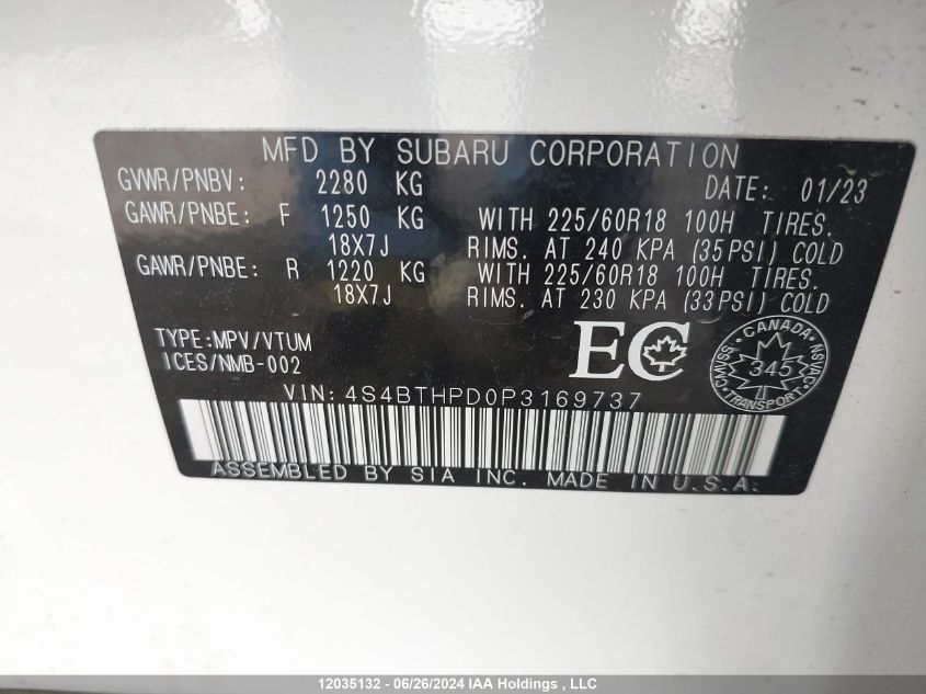 2023 Subaru Legacy Outback VIN: 4S4BTHPD0P3169737 Lot: 12035132