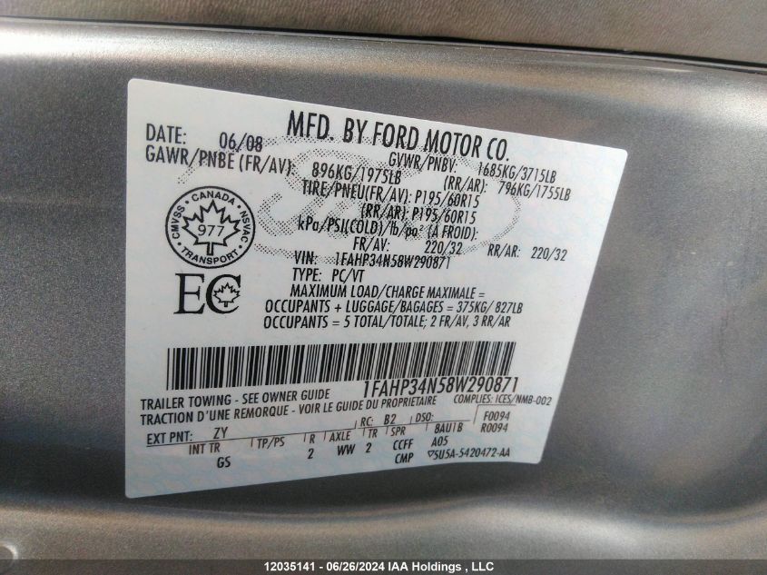 2008 Ford Focus VIN: 1FAHP34N58W290871 Lot: 12035141