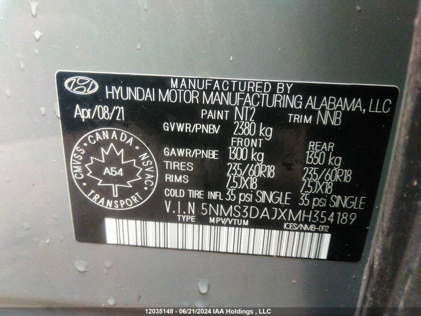 2021 Hyundai Santa Fe Sel VIN: 5NMS3DAJXMH354189 Lot: 12035148