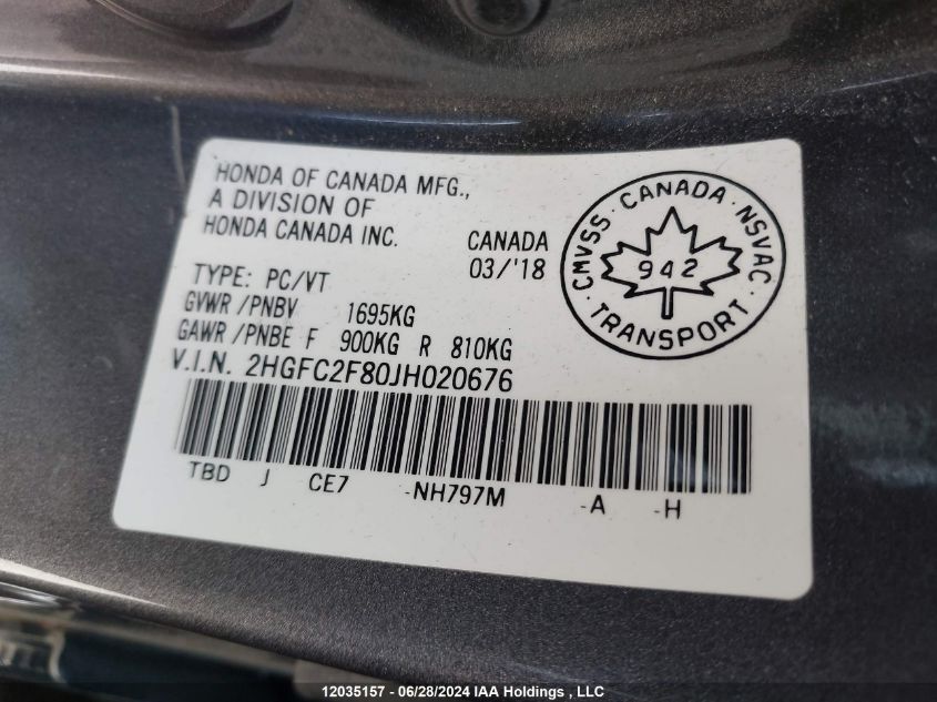2018 Honda Civic Sedan VIN: 2HGFC2F80JH020676 Lot: 12035157