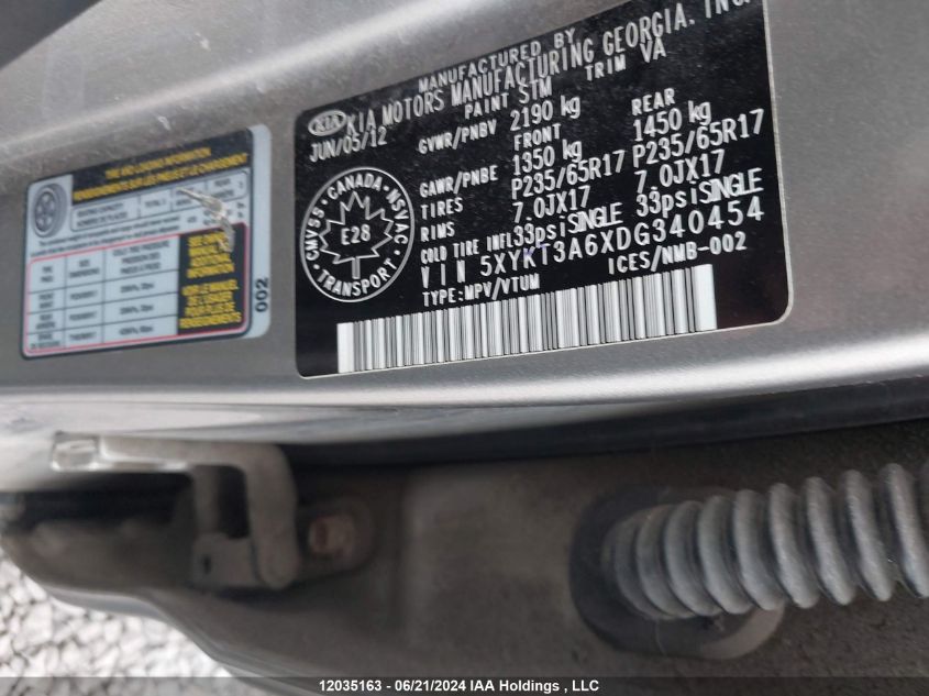 5XYKT3A6XDG340454 2013 Kia Sorento