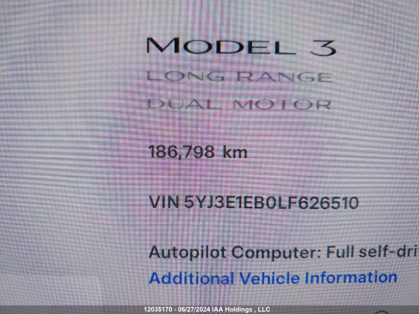 2020 Tesla Model 3 VIN: 5YJ3E1EB0LF626510 Lot: 12035170